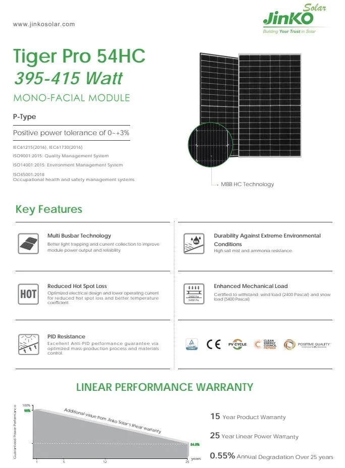 Light Industry 108 Monocrystalline Cells Jinko Solar Energy 395W Tiger PRO 54hc