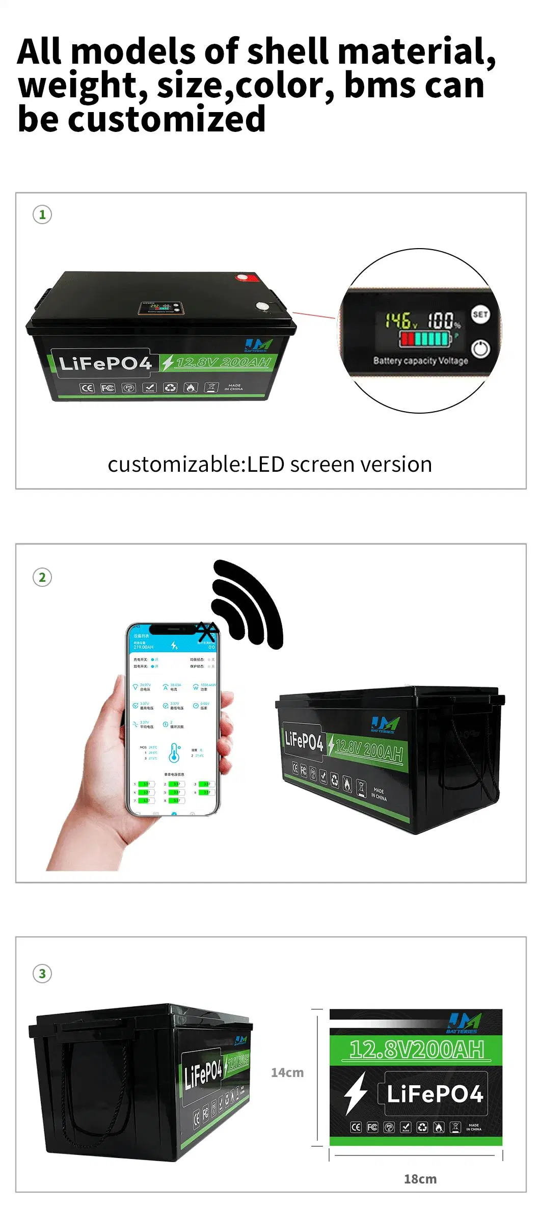 OEM/ODM Lithium Iron Phosphate Battery Cell 12.8V 200ah LiFePO4 Battery Pack for Solar System