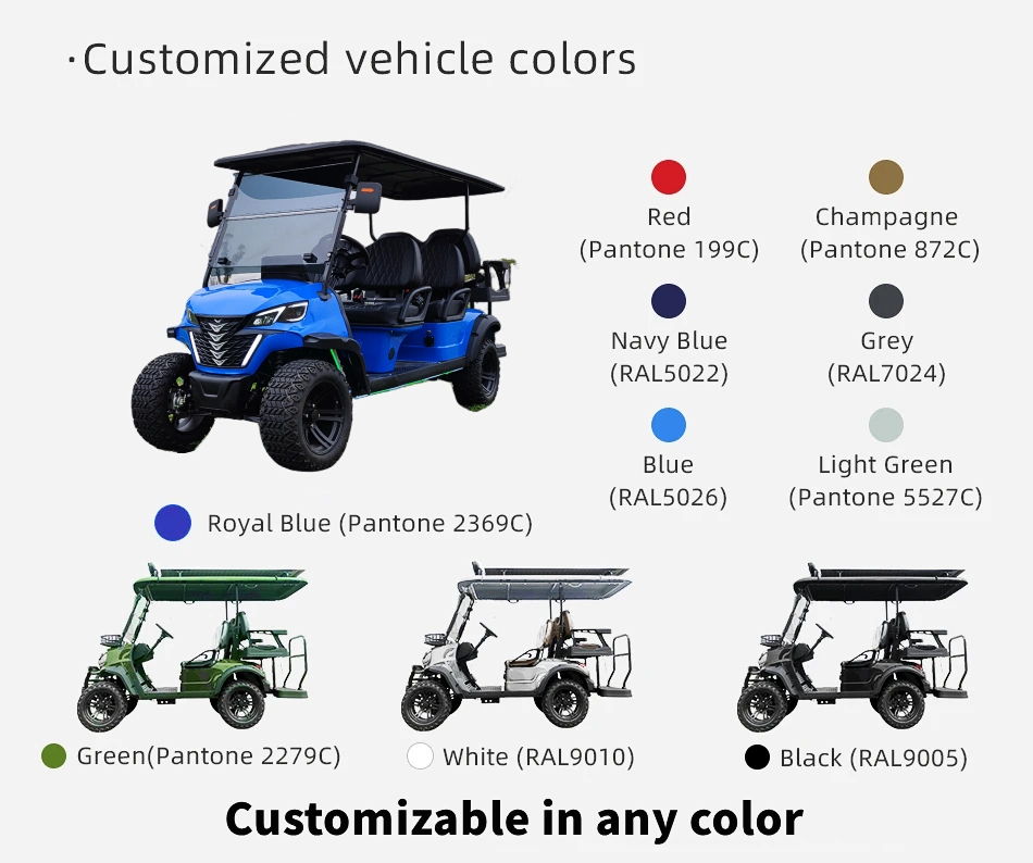 China Manufacturer Brand New Design 4 Seat Sightseeing Bus Club Cart Lead Acid/Lithium Battery 48V/60V/72V 2, 4, 6, 8, 10 Seats/Seater Hunting Golf Cart