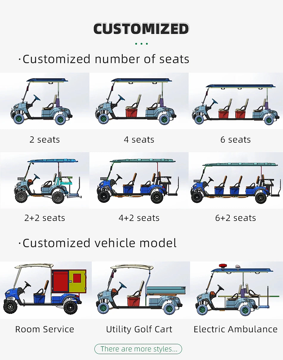 New Lifted 5, 6, 7kw Motor 100/120km Mileage Lead Acid/Lithium Battery 48V/60V/72V 2, 4, 6, 8, 10 Seats/12/14inches Tyre Hunting Golf Cart