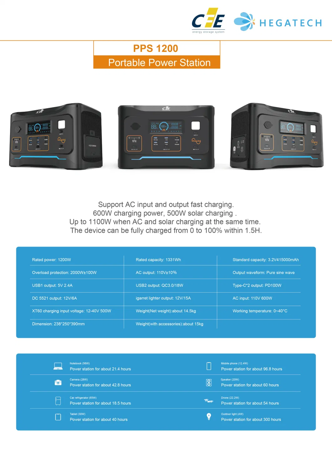 Energy Storage Battery 1200W-Lithium Iron Phosphate Battery Pack-Portable Power Station 1200