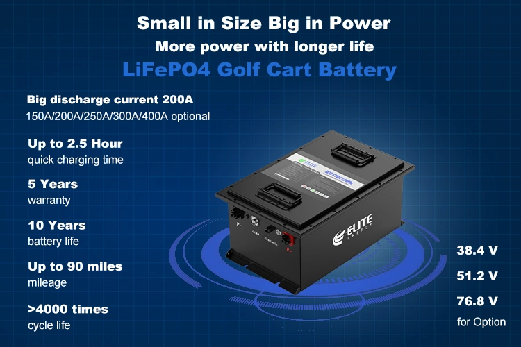 6000 Deep Cycles 48V/51.2V/36V/72V 100ah 105ah 160ah Golf Cart LiFePO4 Battery 200A High Discharge Current Long Life EV Lithium Ion Battery