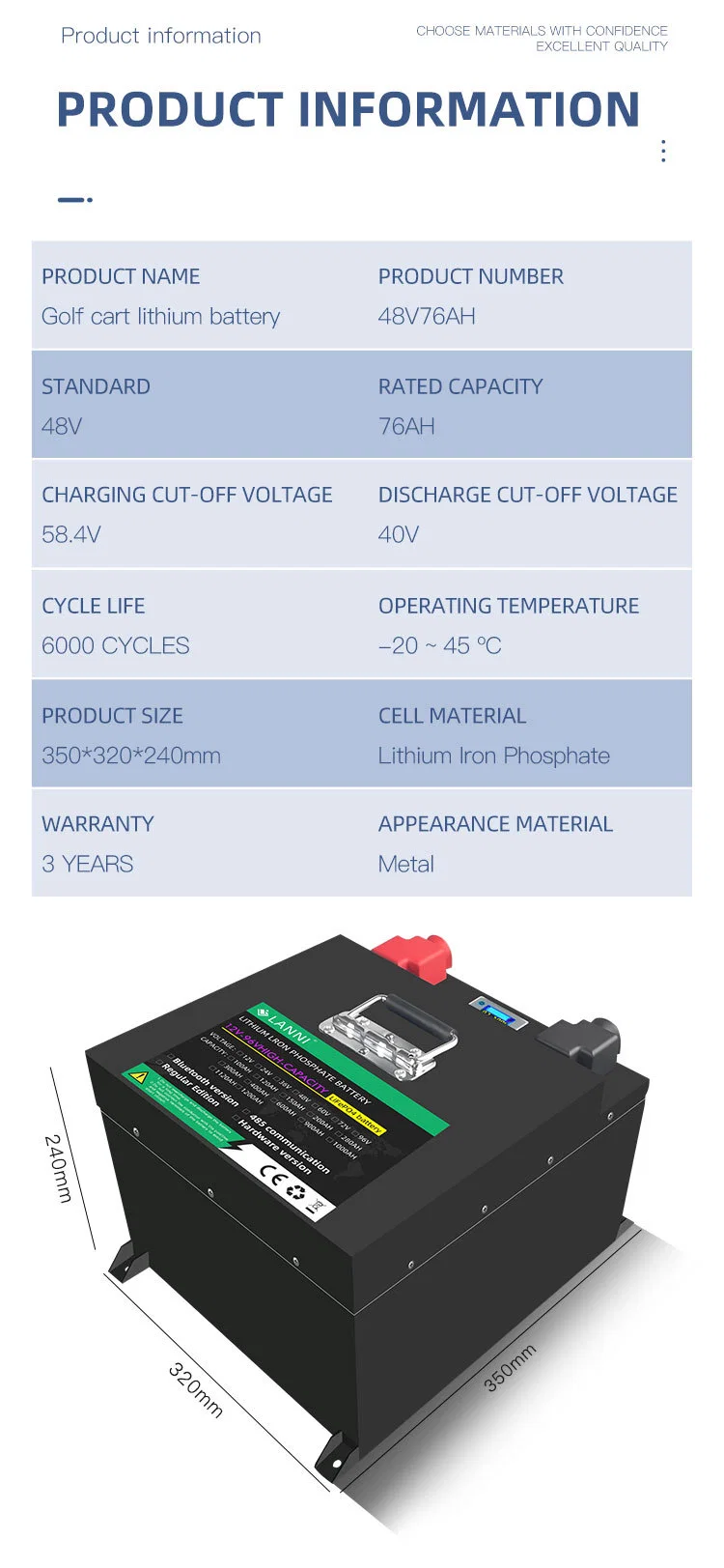 Golf Cars Lithium Battery Electric Club Car LiFePO4 Battery 48V 76ah 105ah Lithium Ion Battery with Charger for Golf Cart