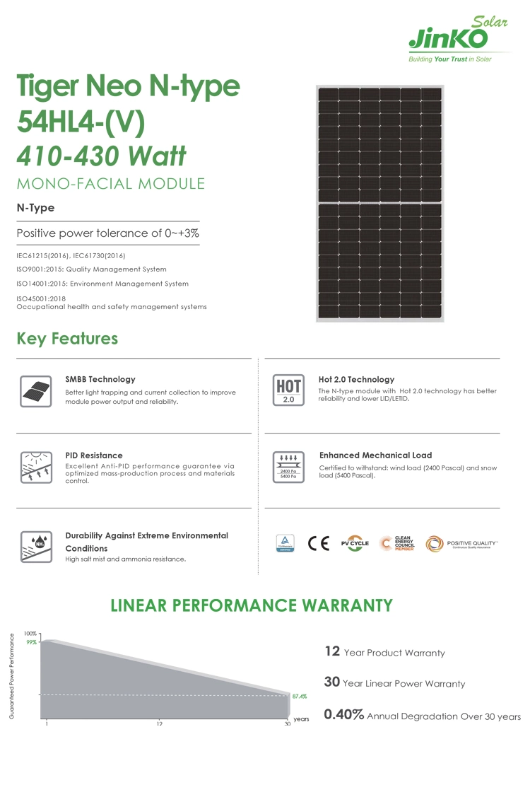 Light Industry 108 Monocrystalline Cells Jinko Solar Energy 445W Tiger Neo N-Type 54hl4r- (V)