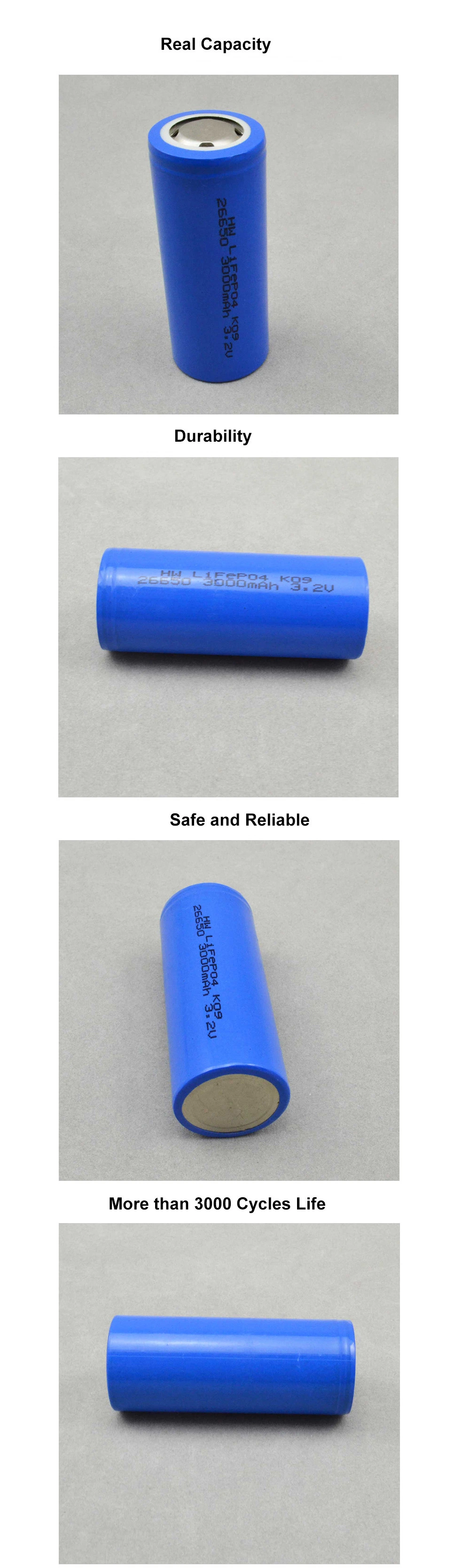 Long Cycle Ifr26650 3.2V 3000mAh LiFePO4 26650 Rechargeable Li-ion Electric Bicycle Battery Cell for EV/Solar Light/E-Bicycle/E-Scooter/Energy Saving System