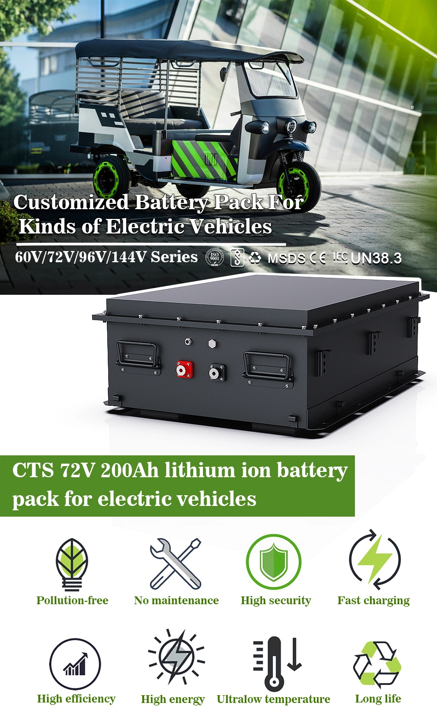 Lithium-Ion LiFePO4 Battery Pack 72V200ah Support in Customization for Golf Cart