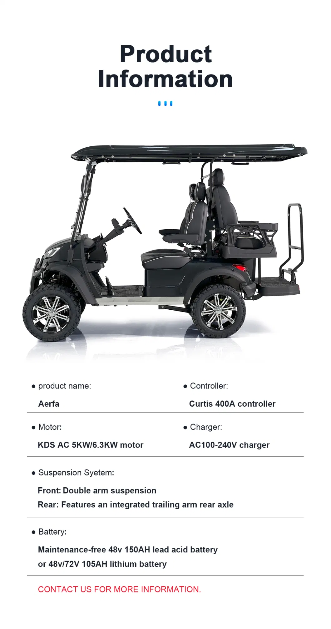 48/72V New Style Aerfa Modern Fashion 2024 Brand Design 4 Seat Sightseeing Bus Club Cart Electric Golf Buggy Hunting Cart