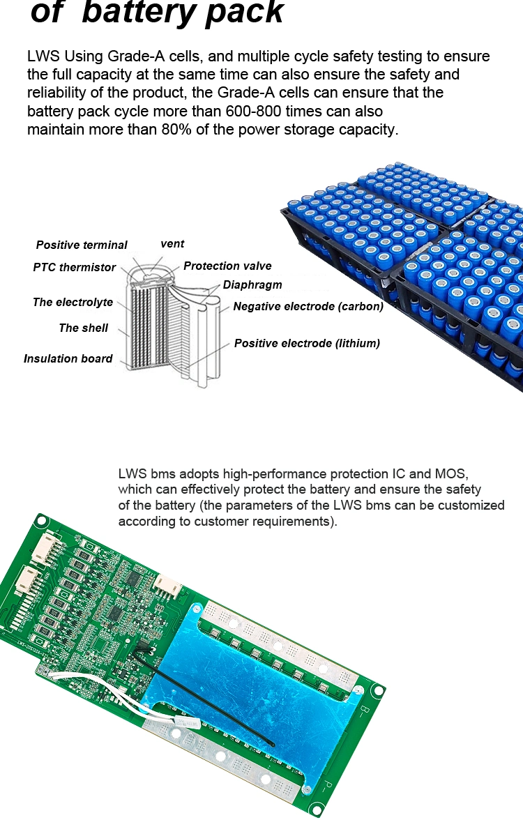 Lws 12V 24V 36V 48V 52V 60V 72V 10ah 20ah 30ah 18650 Li Ion Lithium Battery Pack for Electric E Scooter Wheelchair Bicycle Golf Cart