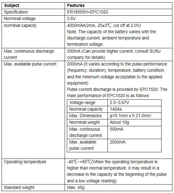 3.6V 8000mAh Primary Lithium Battery Pack Er18505h+EPC1520 Capacitor for Medical Devices