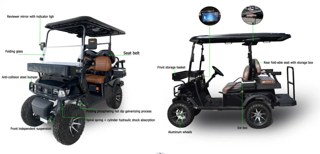 Newest Design Club Car Golf Cart Lifted Suspension Lithium Battery Powered 2, 2+2 Seat with Flip Flop