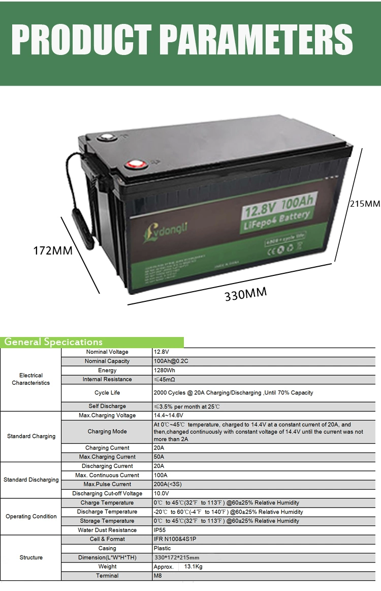 Deep Cycle Rechargeable 12V 100ah Phosphate LiFePO4 Battery Pack Toys Power Tools Electric Vehicles Home Appliances