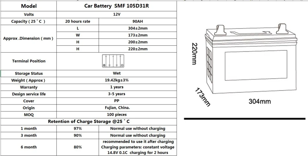 Good Performance 105D31R 90Ah Service Automotive Battery For Golf Carts