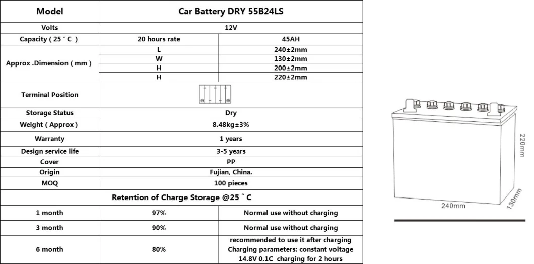 Tcs Reliable and Safe Performance 55b24ls (NS60L(S)) CCA390 45ah 12 Volt Golf Cart Batteries for Tractor