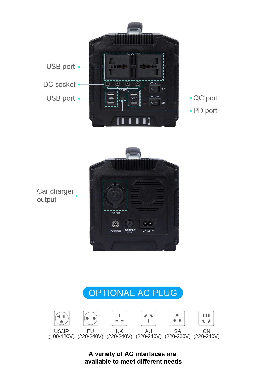 Aoke 500wh 220V Ess LFP UPS USB Type-C Solar Hybrid Inverter Outdoor Fishing Camping Portable Power Bank Battery