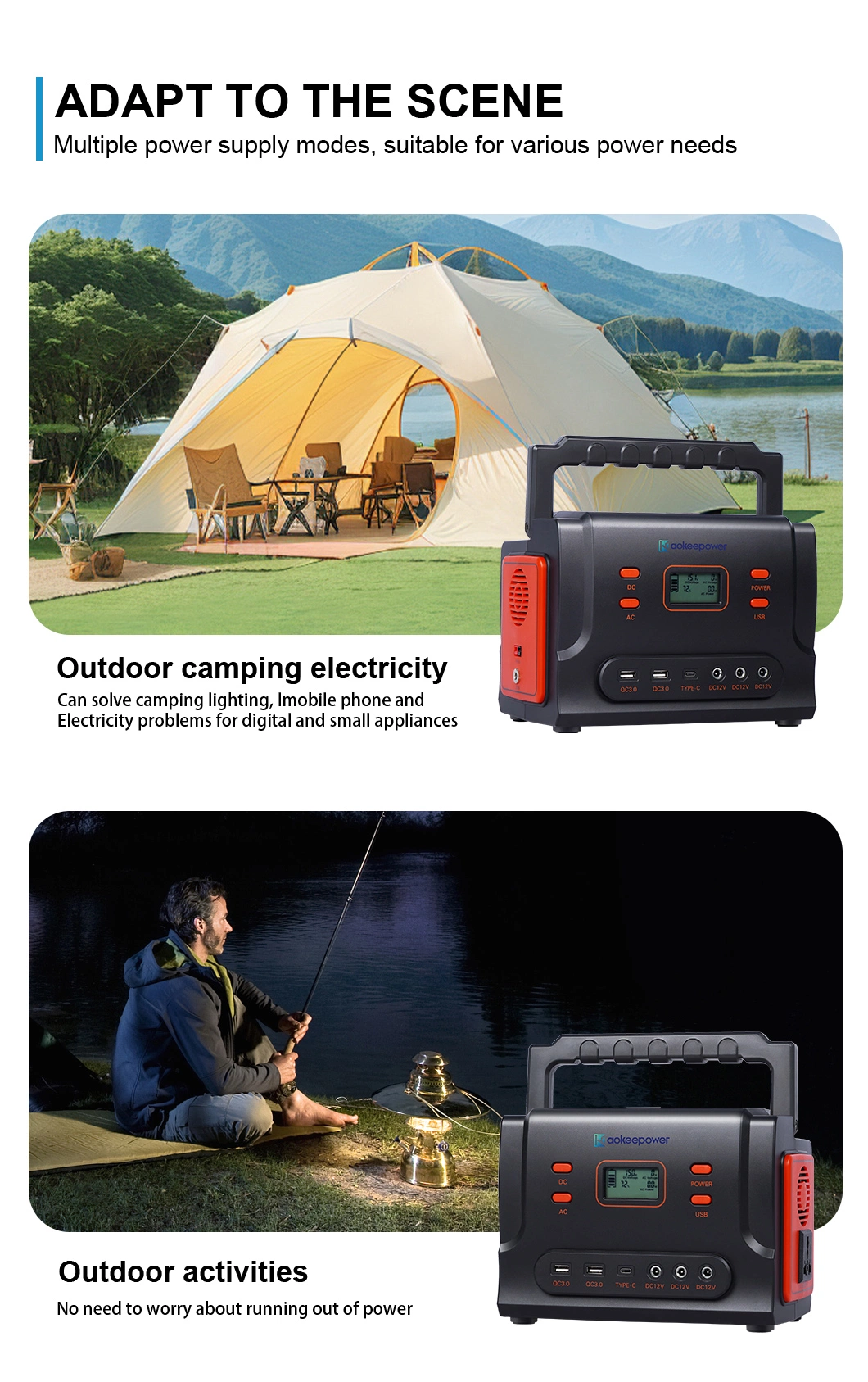 Aoke 500wh Ess LFP 48V UPS USB Type-C Solar Hybrid Inverter Outdoor Fishing Camping Portable Power Bank Battery