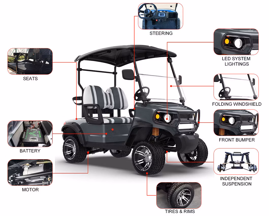 Electric Sightseeing Golf 2/4/6/8/10 Seater Mini Electric Hunting off Road Club Car Buggy 48V 72V Golf Cargo Cart with Lithium/Lead Acid Battery/Solar Panel CE