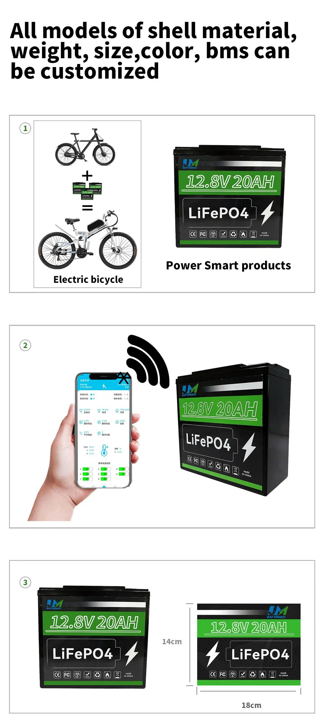 Rechargeable Lithium Polymer Li Ion 20ah 50ah 100ah LiFePO4 Battery Cell Lithium Battery Packs for Ebike Electric Scooter