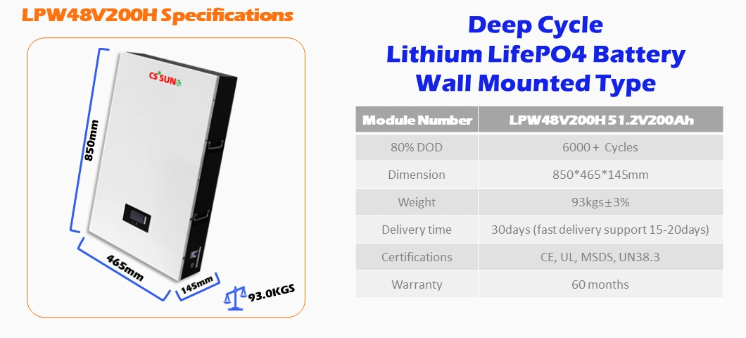 CSSUN 3 Years Warranty Superior BMS 51.2V100AH Power Wall Solar Battery PY