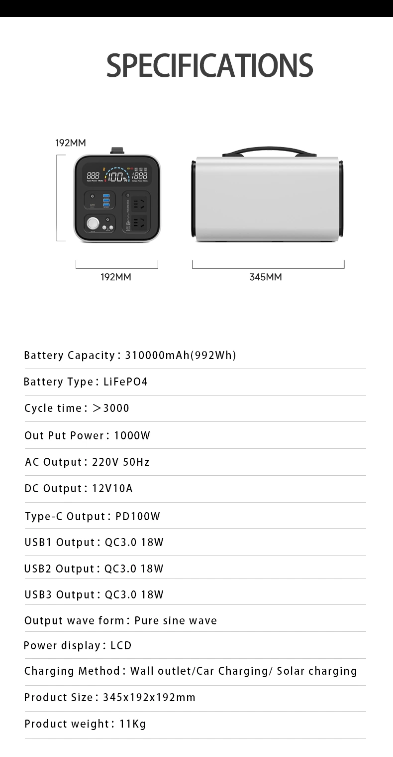 Rechargeable Backup Power Emergency Portable Solar Generator 1000W LiFePO4 Battery