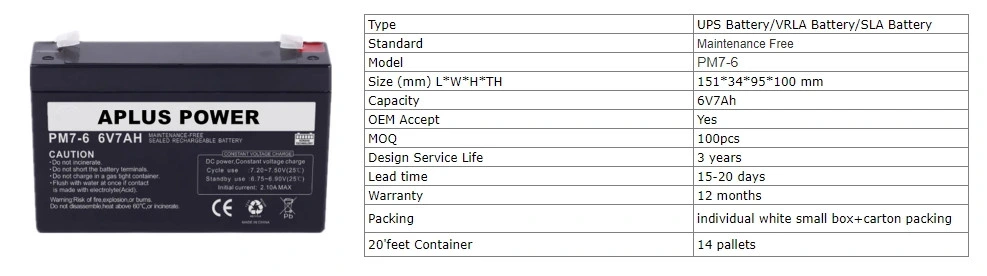 Medical Equipment Back up System Lead Acid UPS Solar Rechargeable Storage VRLA AGM Solar Battery 6V 7ah