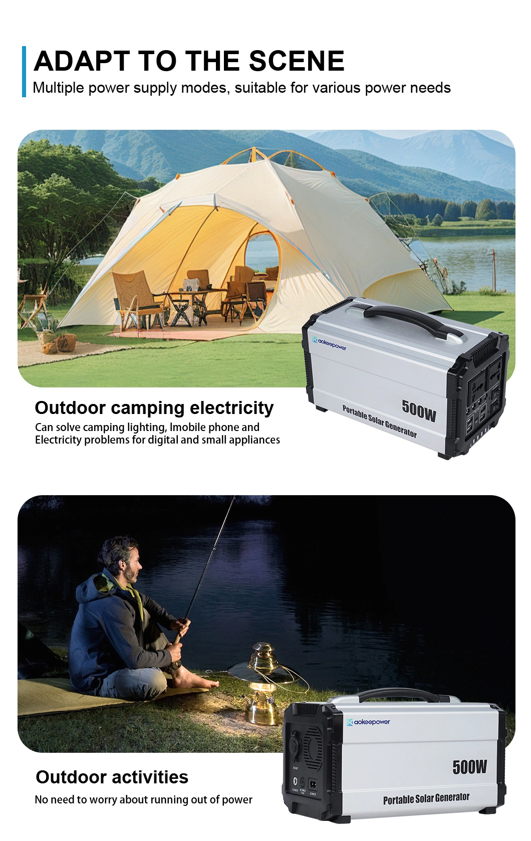 Aoke 500wh 220V Ess LFP UPS USB Type-C Solar Hybrid Inverter Outdoor Fishing Camping Portable Power Bank Battery