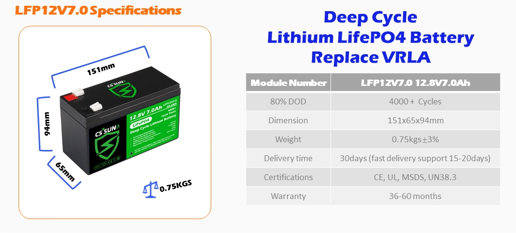 CSSUN 12V 7ah Long Cycle Life Lithium Battery for Cal Forklift