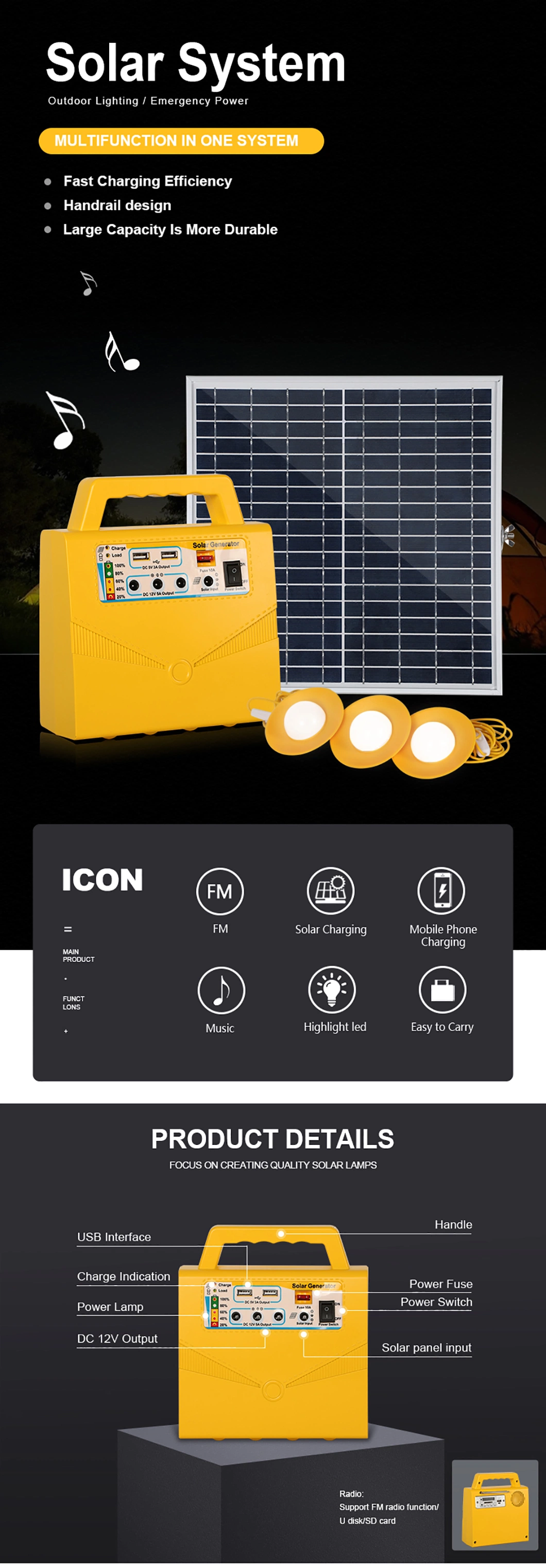 Portable Solar Power Station Generator 20W Camping Solar Panel Energy System Kit FM Radio Home Lighting System