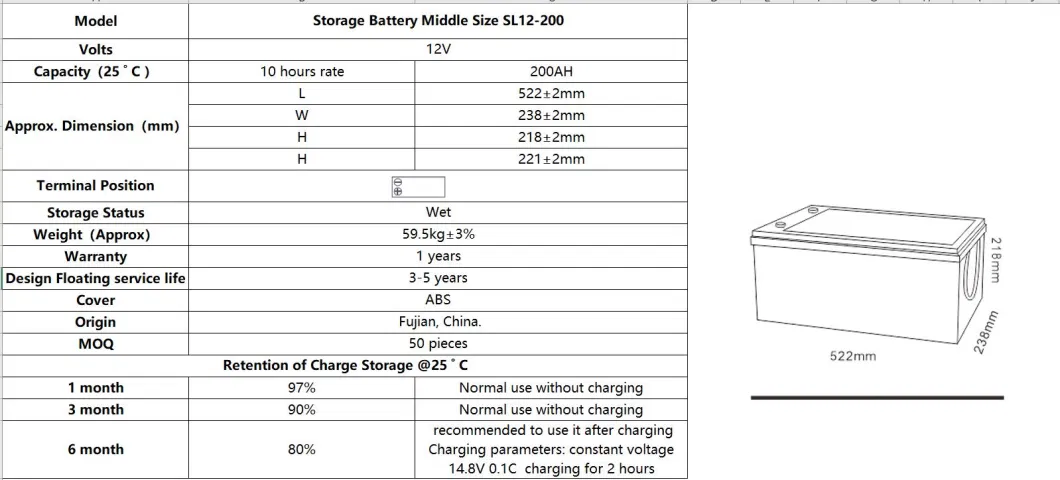 Tcs SL12-200 Rechargeable Solar Energy Storage 12V 200ah AGM Deep Cycle Marine Maintenance Free Lead Acid Battery for Medical Equipment