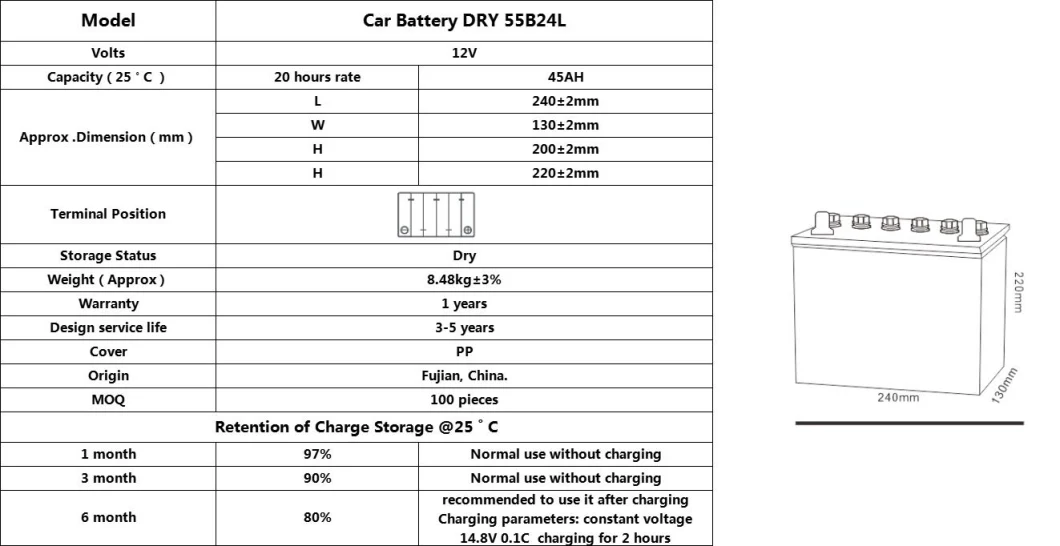 Tcs High Capacity 55b24L (NS60L) 45ah Golf Cart Lead Acid Battery for Starting Engines