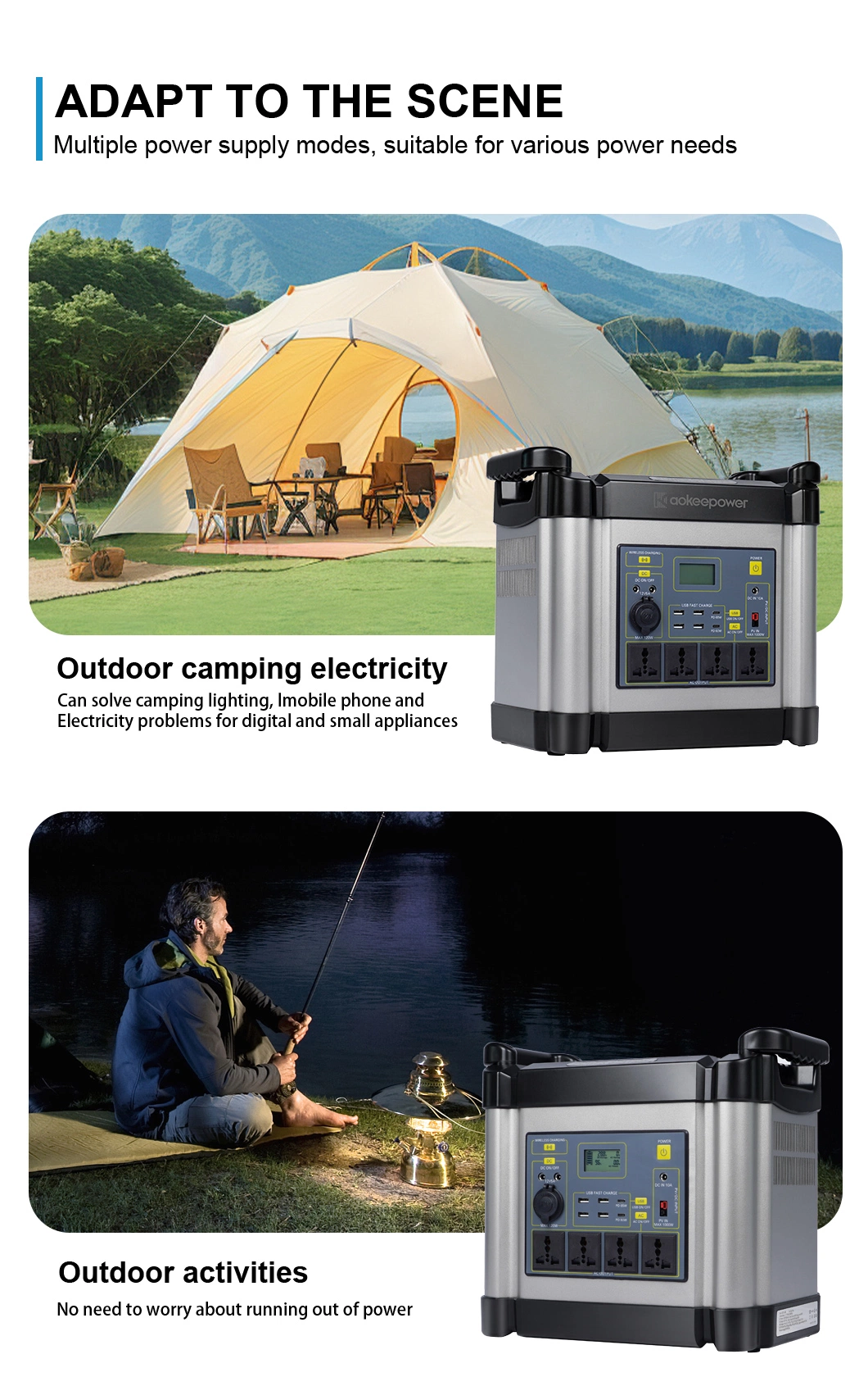 Aoke 2000wh 12V 48V Ess LiFePo4 UPS USB Type-C Solar Hybrid Inverter Outdoor Camping Fast Charging Portable Power Bank Battery