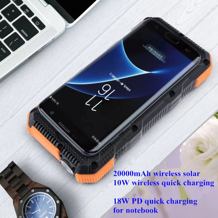 20000mAh Solar Power Bank Wireless Charger Dual USB + Type-C 18W Pd Fast Charging Mobile Power with LED Flashlight (Not Support FOD Function) - Black