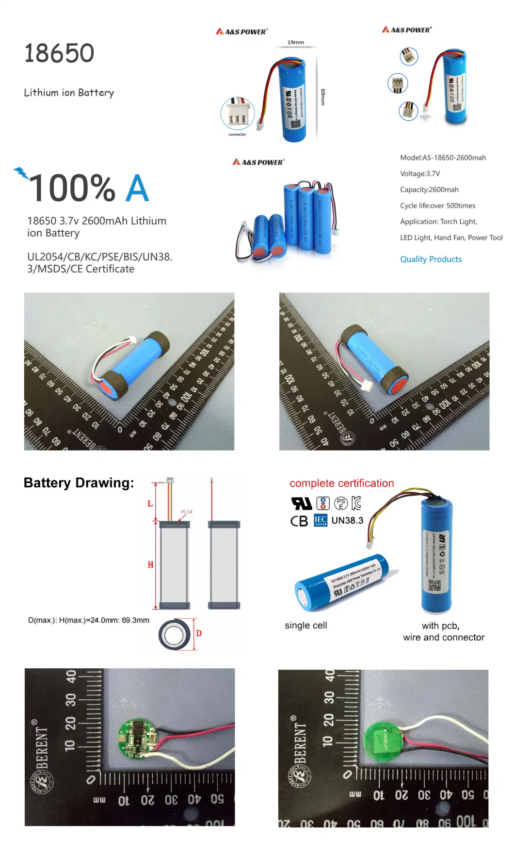 Manufacturer UL/PSE/CB/Kc/MSDS/Un38.3 Rechargeable 3.7V 2600mAh Li-ion 18650 Battery for Speaker/Head Lamp