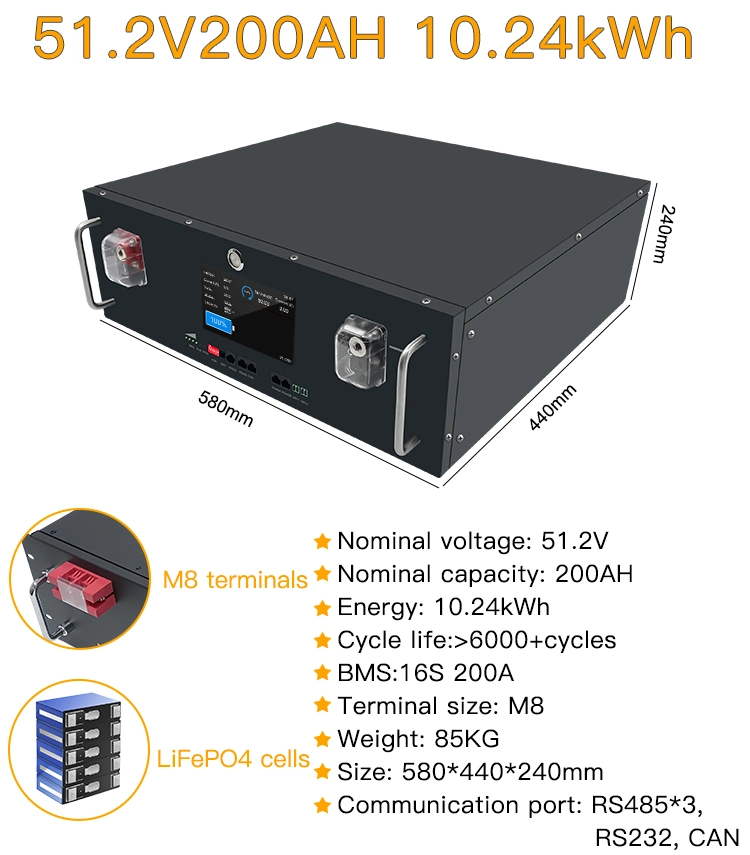 Best-in-Class 51.2V 200ah LiFePO4 Battery with M8 Terminals and 6000+ Cycles