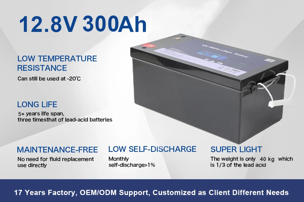 17 Years Factory OEM 12V 12.8V 300ah Home Solar Storage Yacht RV Motorcycle Agv Iron Phosphate LFP LiFePO4 Battery with Smart BMS&Bluetooth APP