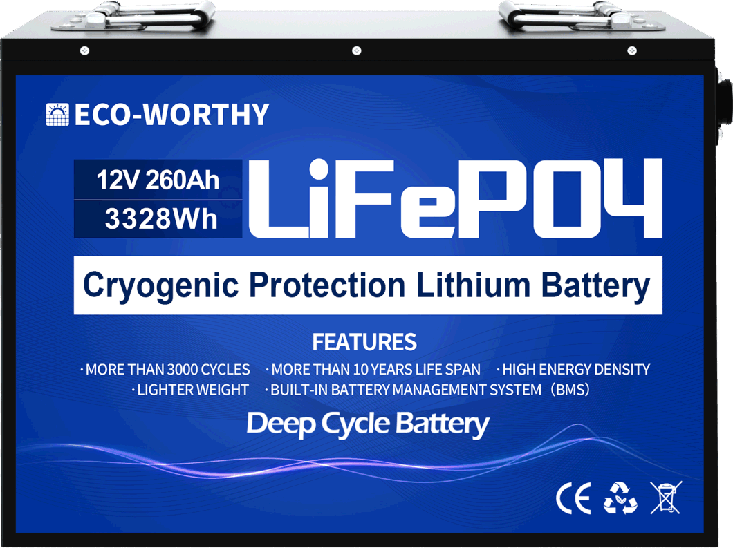 Eco-Worthy 12V 260ah Lithium Ion Battery LiFePO4 Battery with Low Temperature Protection