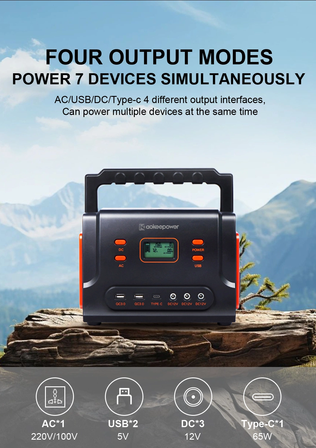 Aoke 500wh Ess LFP 48V UPS USB Type-C Solar Hybrid Inverter Outdoor Fishing Camping Portable Power Bank Battery