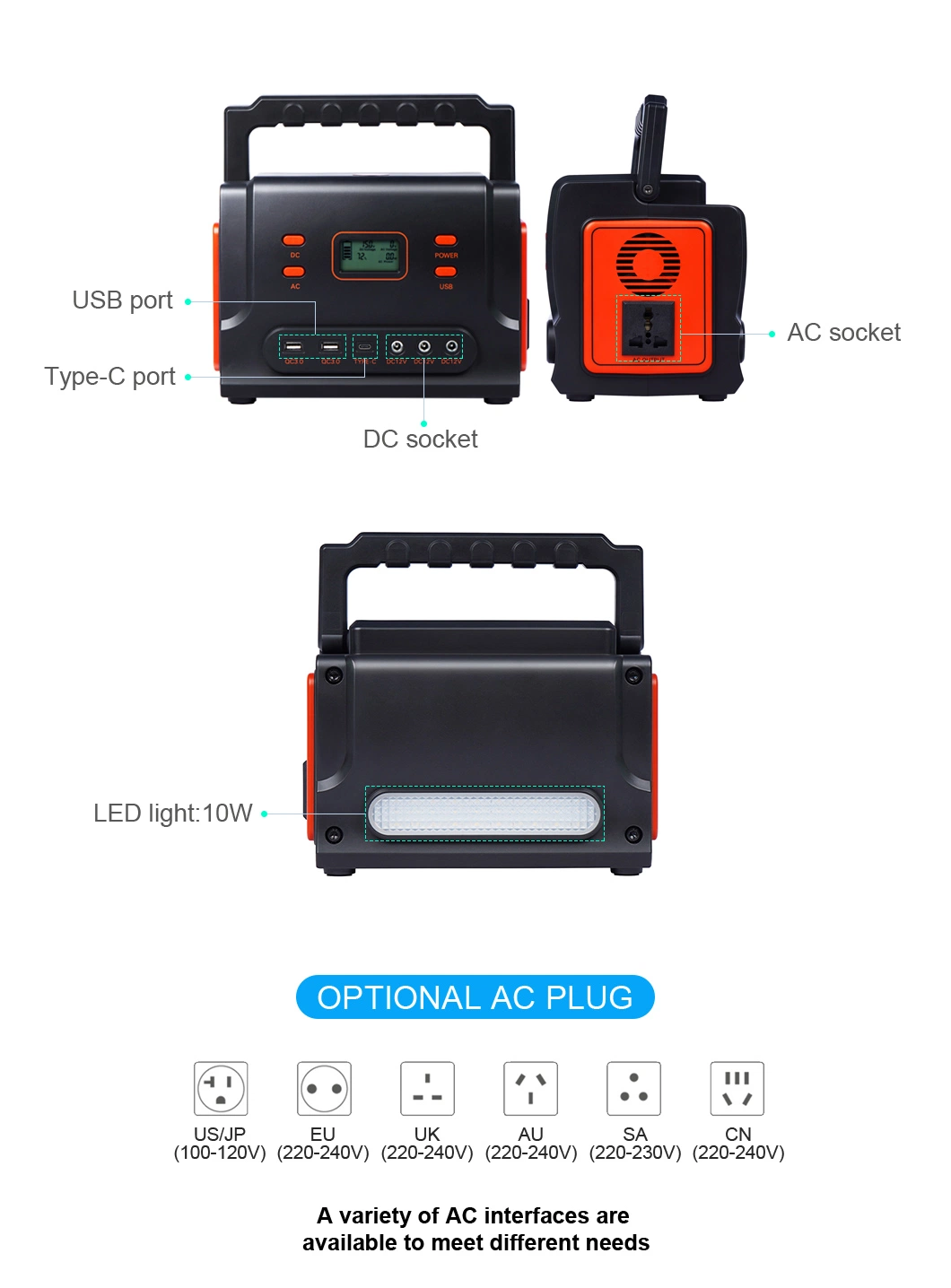 Aoke 500wh Ess LFP 48V UPS USB Type-C Solar Hybrid Inverter Outdoor Fishing Camping Portable Power Bank Battery