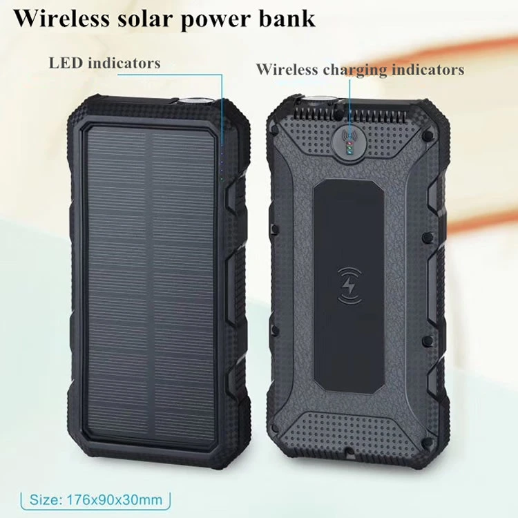 20000mAh Solar Power Bank Wireless Charger Dual USB + Type-C 18W Pd Fast Charging Mobile Power with LED Flashlight (Not Support FOD Function) - Black