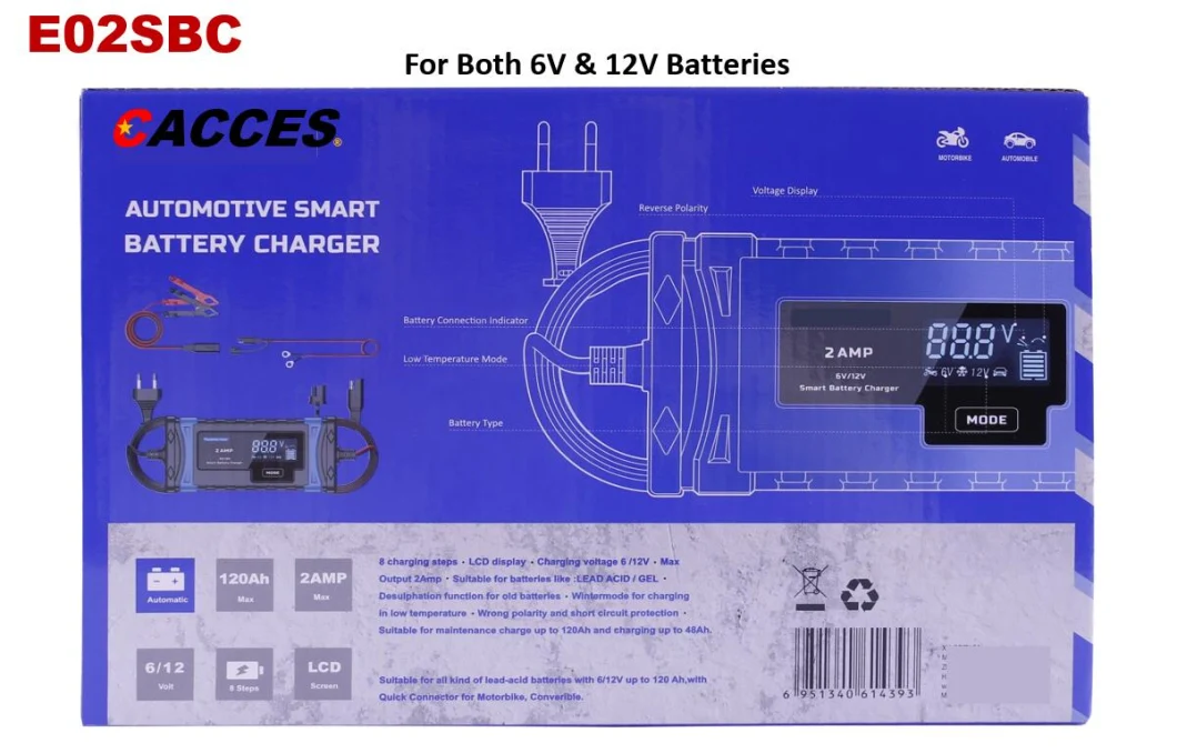 2A Fully-Automatic Smart Charger, 6V &amp; 12V Battery Charger, Battery Maintainer, Trickle Charger and Battery Desulfator with Temperature Compensation