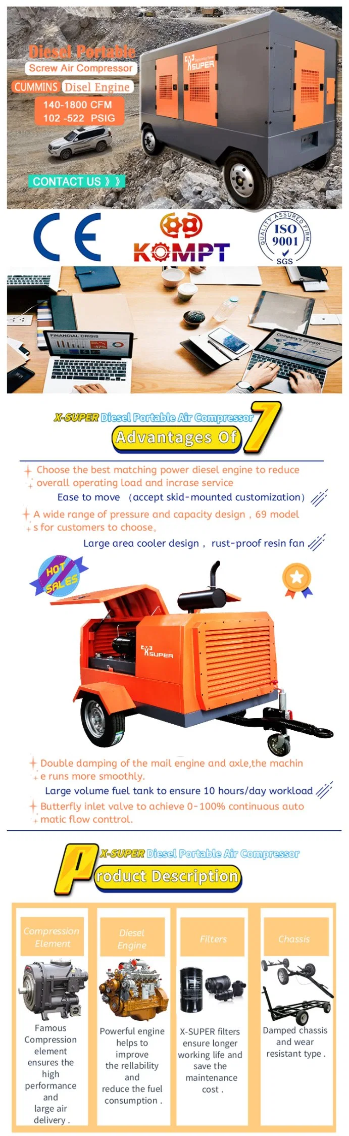 Outstanding Performance Best Price 37kw 50HP 7bar 185 Cfm Diesel Air Compressor for Small Air Compressor