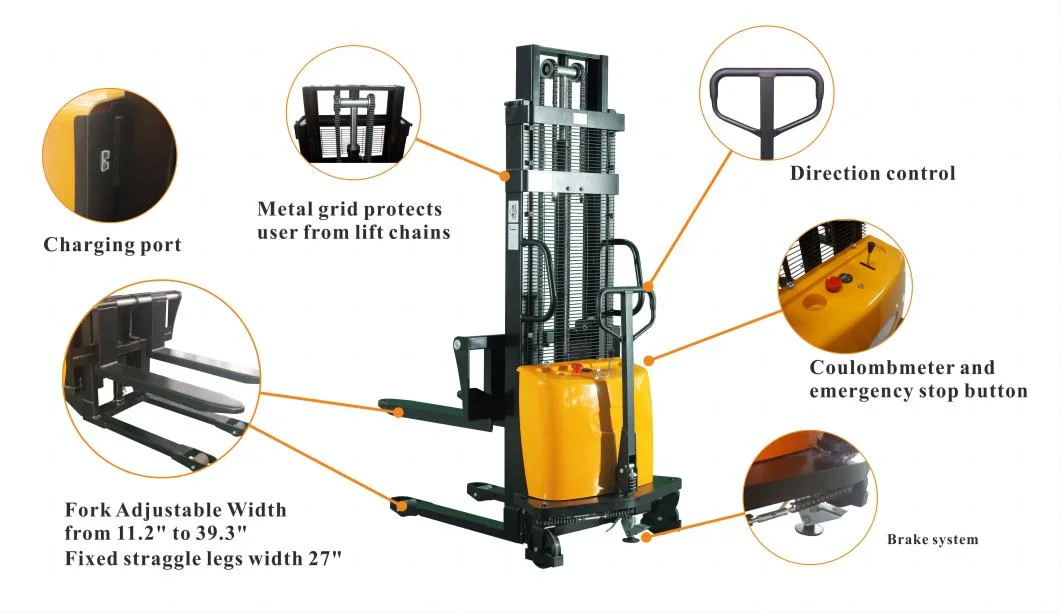 Semi -Electric Auto Pallet Stacker Semi Automatic Forklift Semi-Stacker1t 1.5t 2t Battery Operated Stacker 3m 4m 5m Lift