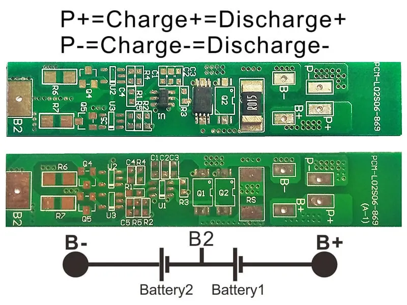 2s 6A BMS for 7.2V 7.4V Li-ion/Lithium/Li-Polymer 6V 6.4V LiFePO4 Battery Pack Size L60*W26*T3.5mm (PCM-L02S06-869)