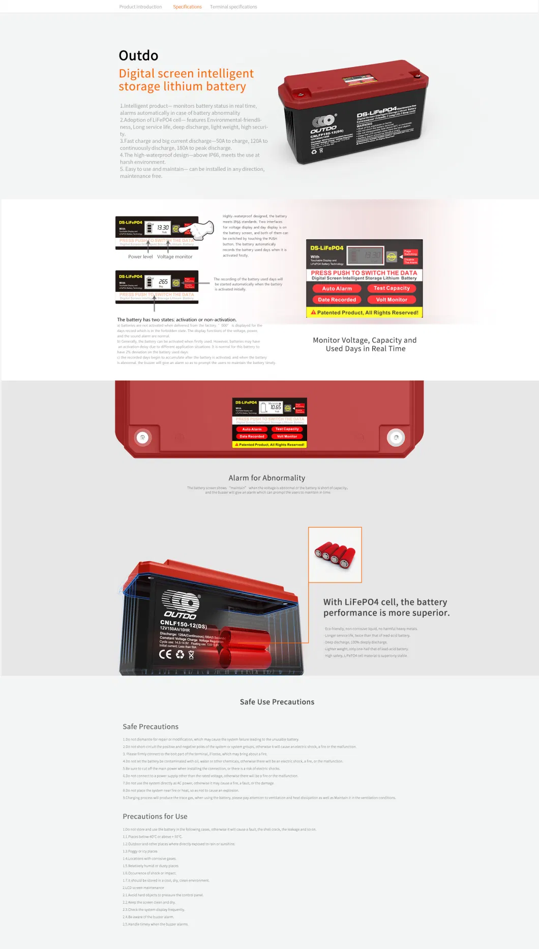 Outdo Lithium Ion Energy Storage Battery Cnlfp150-12