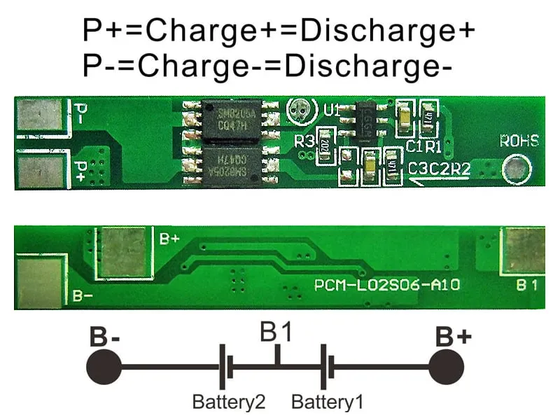 2s 6A BMS for 7.2V 7.4V Li-ion/Lithium/Li-Polymer 6V 6.4V LiFePO4 Battery Pack Size L40*W7*T2mm (PCM-L02S06-A10)