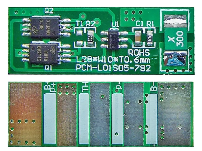 1s 5A BMS for 3.6V 3.7V Li-ion/Lithium/Li-Polymer 3V 3.2V LiFePO4 Battery Pack with Ntc Size L28*W10*T3mm (PCM-L01S05-792)