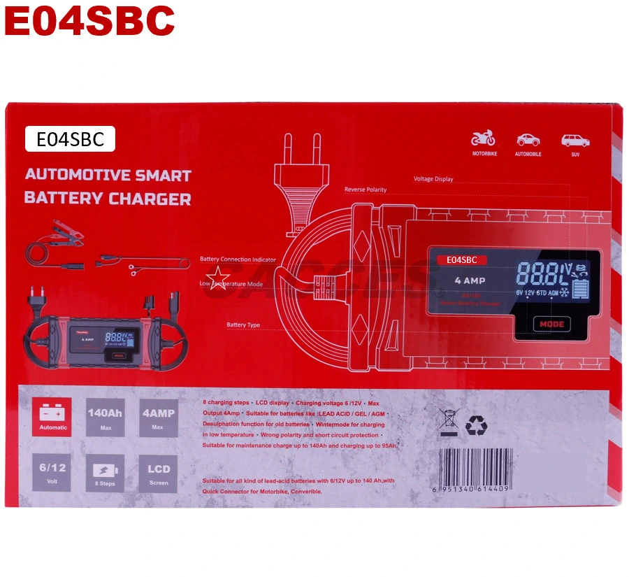 Fully Automatic Battery Charger, 4AMP 6V/12V Car Battery Charger&Maintainer-EU/Am Plug, Red, Portable Smart Car Battery Charger&Maintainer for Car, Motorcycle