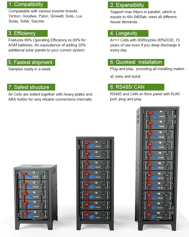 Deep Cycles 5kw 10kw LiFePO4 Batteries 51.2V 48V 300ah 100ah 200ah BMS Lithium Ion Energy Storage Solar Battery Packs