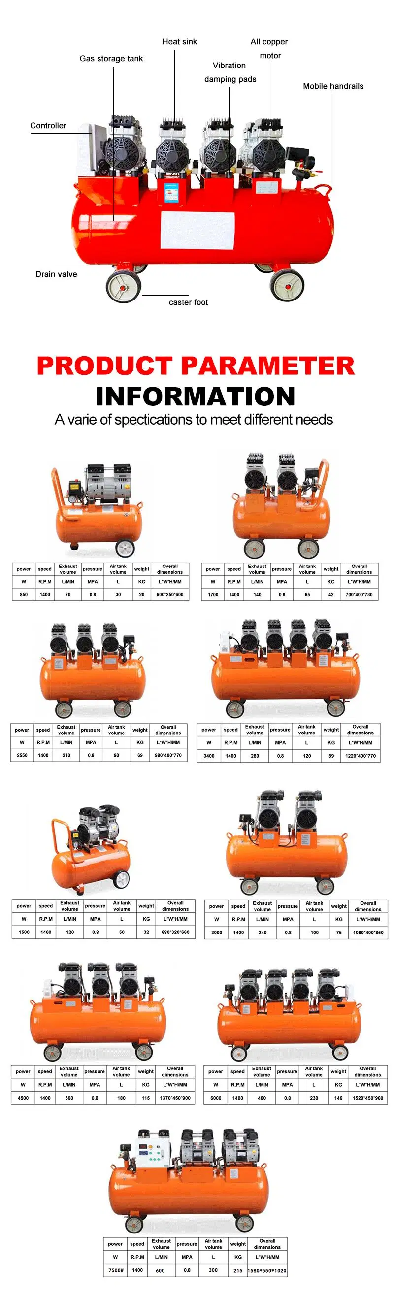 Piston Compressor Small Mini Industrial 1HP 2HP 3HP 10HP 7.5kw 0.8kw Electric Portable Oil Free Air Compressor