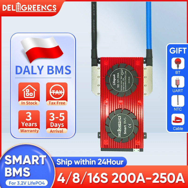 Poland Warehouse Daly 3.2V LiFePO4 BMS 4s 12.8V 8s 25.6V 10s 12s 36V 15s 48V 23s 72V 20A 50A 100A 150A 200A 250A Smart LCD Balance Uart BMS