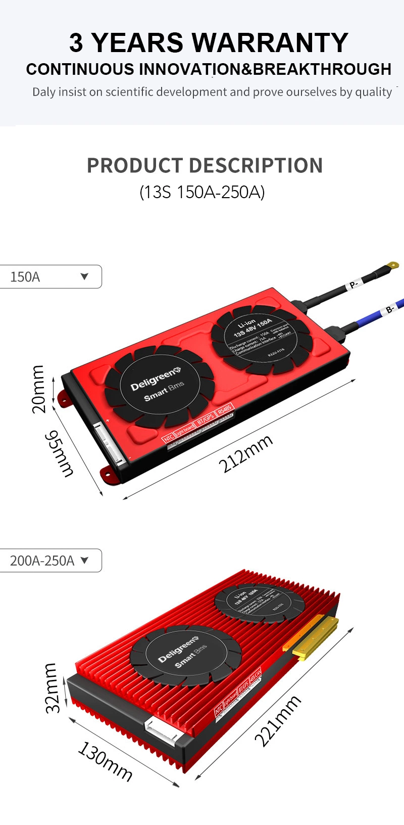 Deligreencs Smart BMS 3.7V Rated 13s 48V 150A 200A 250A Over Charge Discharge Protection for Low-Speed Four-Wheel Vehicle